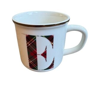 Pottery Barn Stewart Plaid Stoneware Initital Alphabet "E" Christmas Coffee Mug